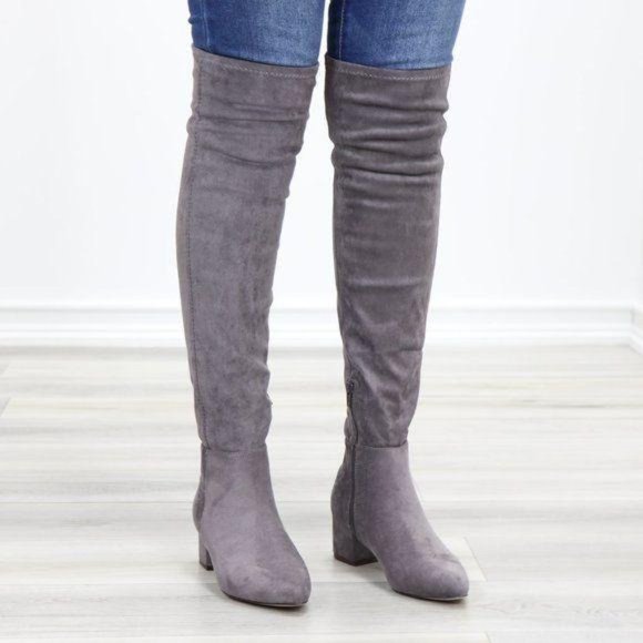 Pointy Toe Over The Knee Gray Boots Faux Suede - Picture 2 of 12